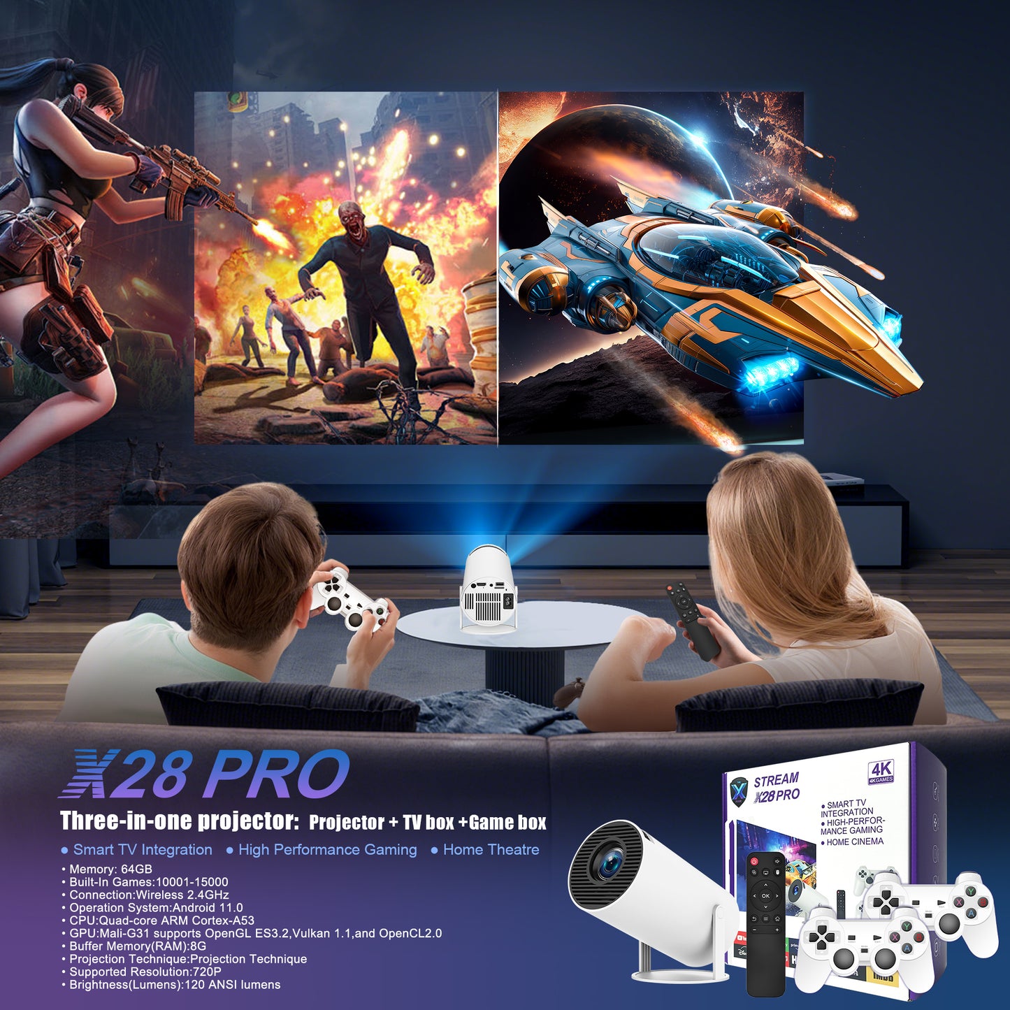 Led Laser 4K Player Portable X28 Pro Projector Android 11 Arcade Retro Video Game Smart 4k Mini Game Projectors